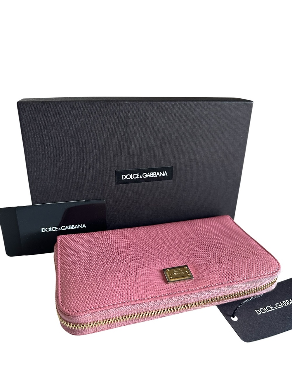 Dolce & Gabbana Pink Lizard Embossed Leather Wallet Gold Logo New in Box